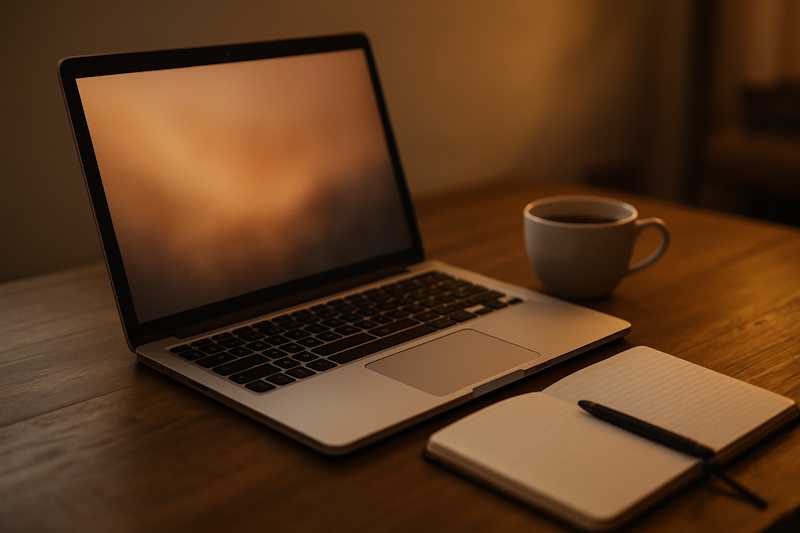 Moderne digitale setting, laptop open op houten tafel, zachte lamp, notitieboekje en koffiekopje, avondlicht
